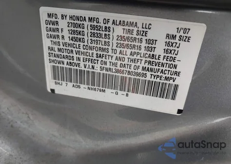 2007 Honda Odyssey Ex-L z USA, uszkodzony, nr VIN 5FNRL38667B039695